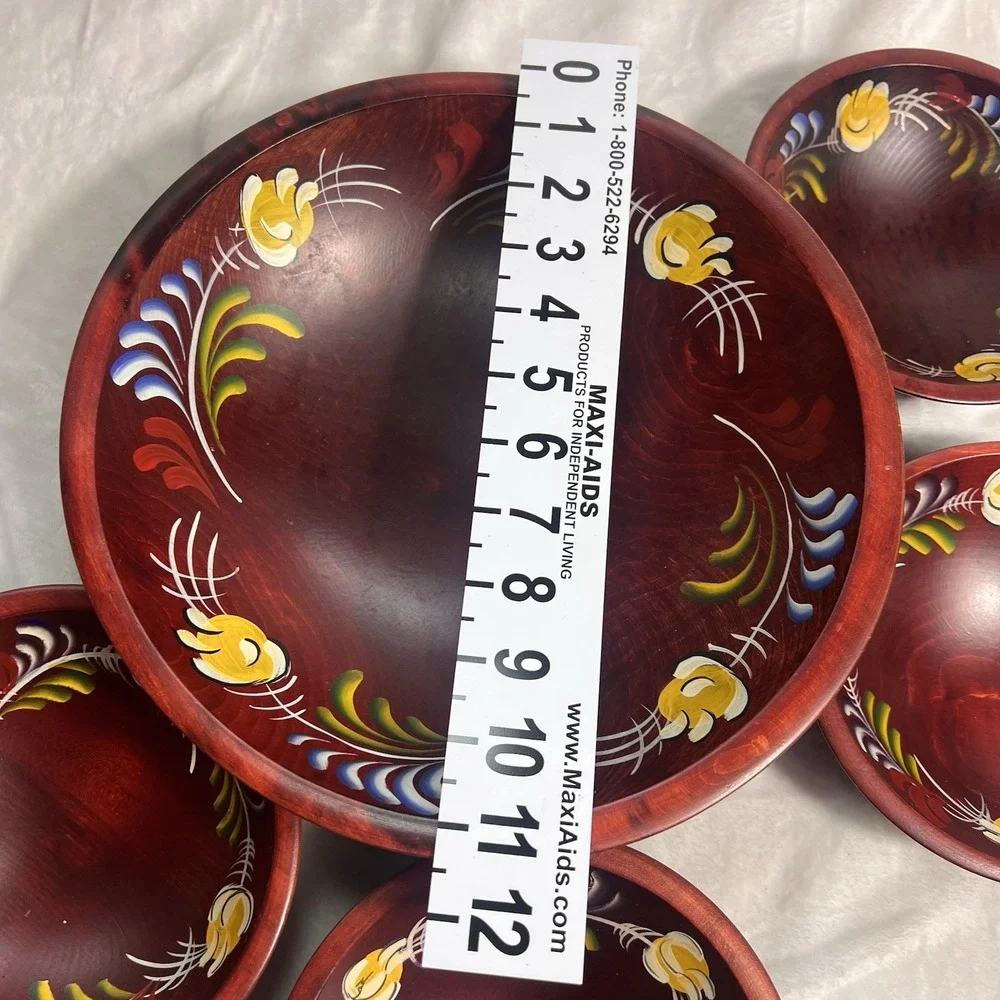 Vintage Woodcraftery Bowls Pennsylvania Dutch Hand Painted 5 Piece Salad Set
